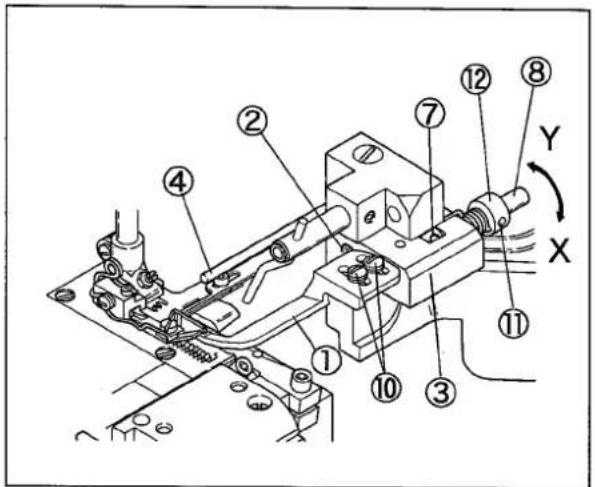 Technical diagram of a mechanical assembly with numbered components and directional arrows labeled X and Y