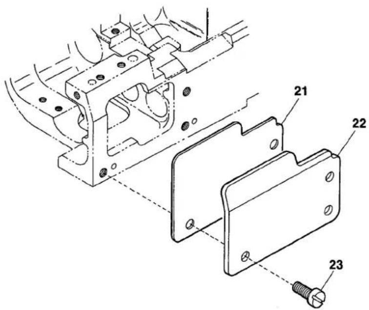Technical diagram of a mechanical assembly with labeled parts 21, 22, and 23