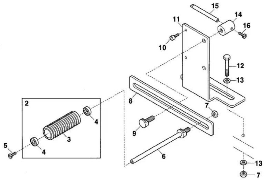 Technical diagram of a mechanical assembly with numbered components and exploded view, likely for assembly or maintenance instructions.