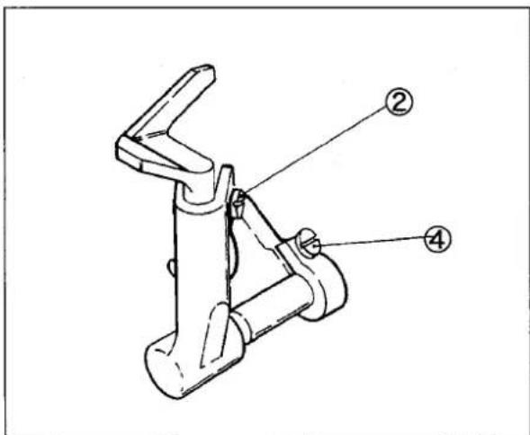 Technical diagram of a mechanical clamp or bracket with numbered parts labeled ①, ②, and ④.