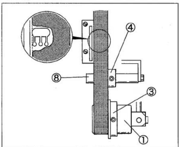Technical diagram of a mechanical assembly with numbered components and an inset view showing a component with labeled parts 1 through 8.