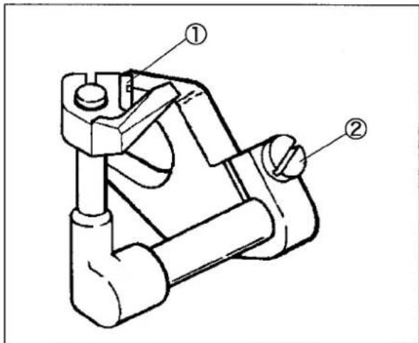 Technical diagram of a mechanical clamp or bracket with numbered annotations indicating parts ① and ②.