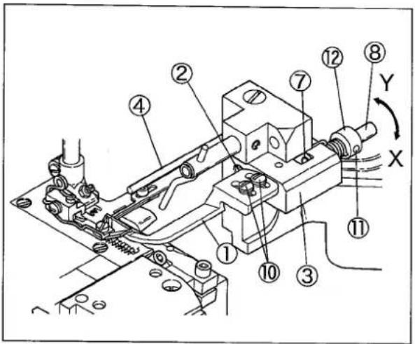 Technical diagram of a mechanical assembly with numbered components and directional arrows labeled X and Y