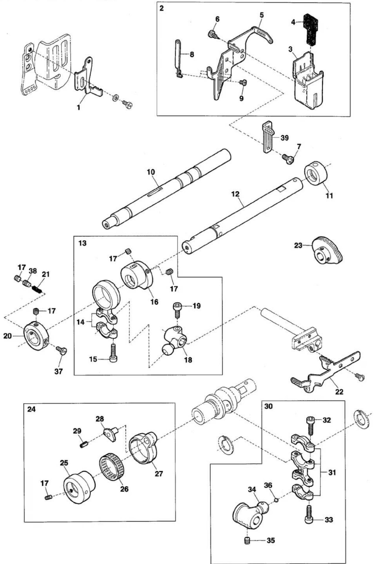 Exploded view diagram of a mechanical assembly with numbered parts and exploded views