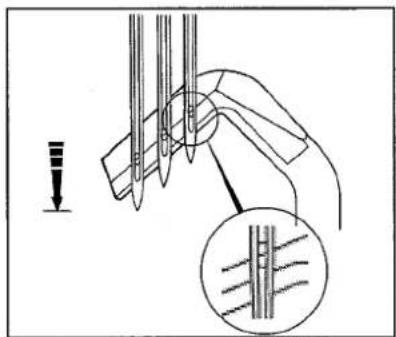 Diagram illustrating a sewing process with labeled parts and a magnified inset showing thread pattern detail