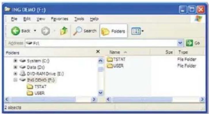 ING DEMO (F:) File Edit View Favorites Tools Help Back Search Folders Address F: Go Folders System (C:) Data (D:) DVD-RAM Drive (E:) ING DEMO (F:) TSTAT USER Name TSTAT USER Size Type File Folder File Folder 2 objects