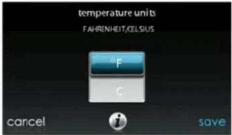 temperature units FAHRENHEIT/CELSIUS °F C cancel i save