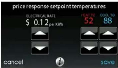 price response setpoint temperatures ELECTRICAL RATE $ 0.12 per KWh HEAT TO 52 COOL TO 88 cancel save