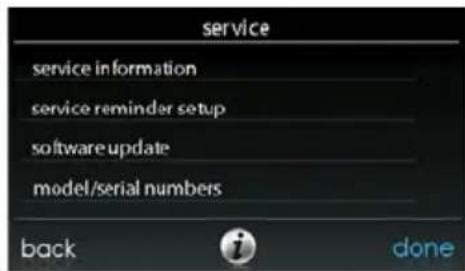 service service information service reminder setup software update model/serial numbers back done