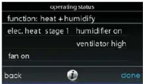 operating status function: heat + humidify elec. heat stage 1 humidifier on ventilator high fan on back done