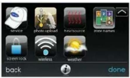 service photo upload heat source zone names screen lock wireless weather back done