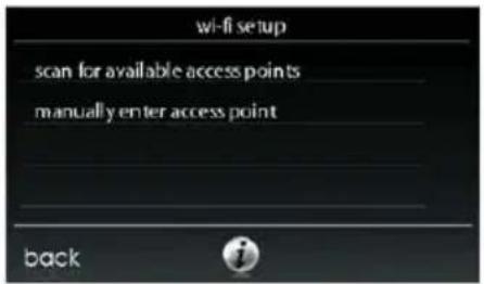 wi-fi setup scan for available access points manually enter access point back