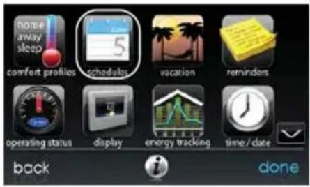 home away sleep comfort profiles schedules vacation reminders operating status display energy tracking time/date back done