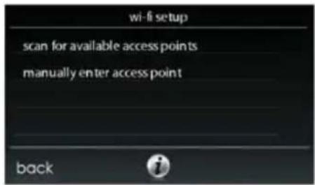 wi-fi setup scan for available access points manually enter access point back