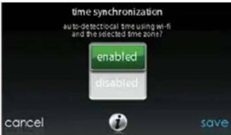 time synchronization auto-detecticall time using wi-fi and the selected time zone? enabled disabled cancel save