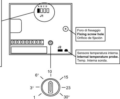 A B C D J1 Foro di fissaggio Fixing screw hole Orificio de fijación J2 Sensore temperatura interna. Internal temperature probe. Temp. Interna sonda. 6° 10 15 3° 23 1 30°