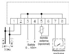 1 2 3 4 5 6 7 8 L(+) N(-) 24V/-= 50Hz + Salida + 0...10V= Sonda externa (optional) Reducción nocturna