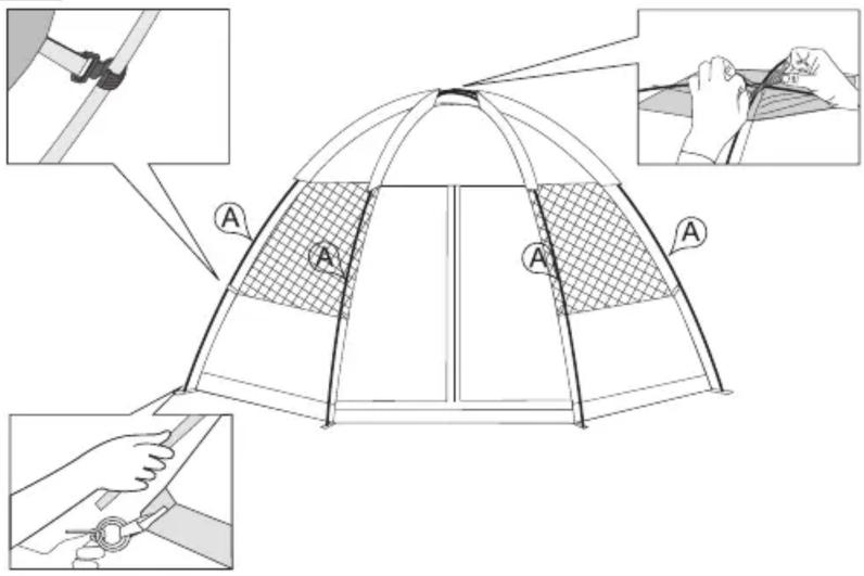 Diagram of a tent structure with labeled sections A and shaded areas, showing hand positioning and assembly instructions.