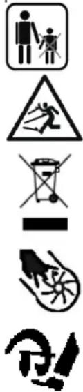 Safety warning symbols including pictograms, a warning sign, a trash bin, a handwheel, and a gear mechanism