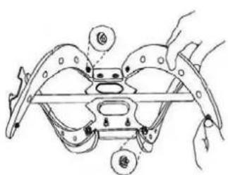 Technical diagram of a mechanical assembly with labeled components and directional arrows indicating motion or force