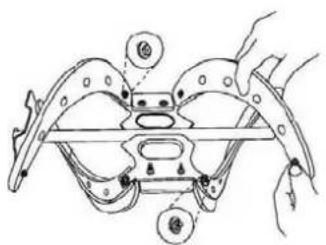 Technical diagram of a mechanical assembly with labeled parts and directional arrows indicating motion or movement.