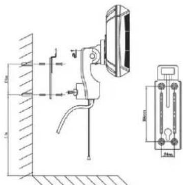 Technical diagram showing a mechanical assembly with dimension annotations and a separate schematic view of a device with labeled parts.