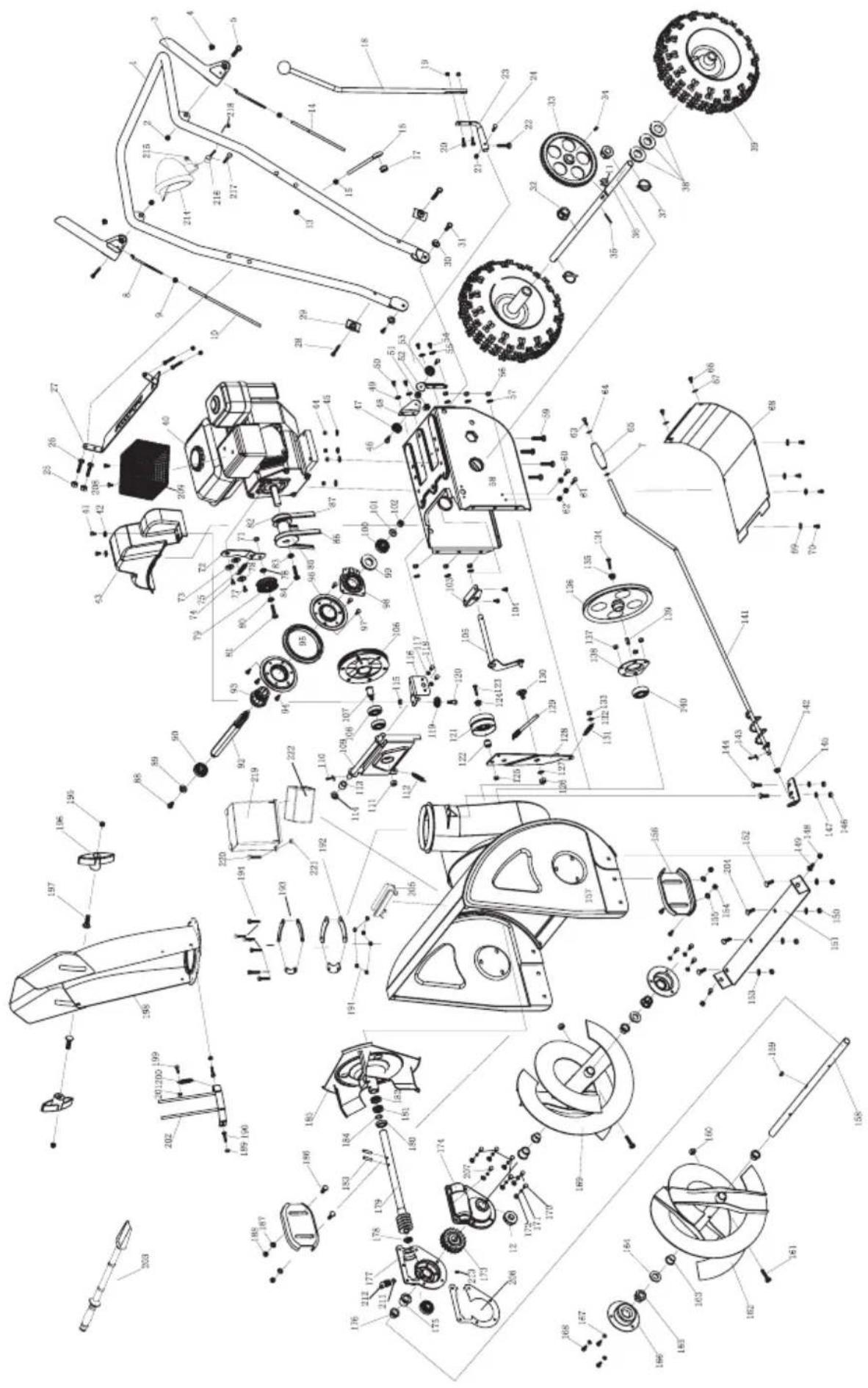 Technical diagram of a mechanical assembly with numbered components and exploded views