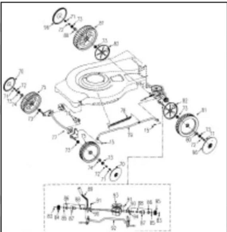 Technical diagram of a mechanical assembly with numbered components and exploded view