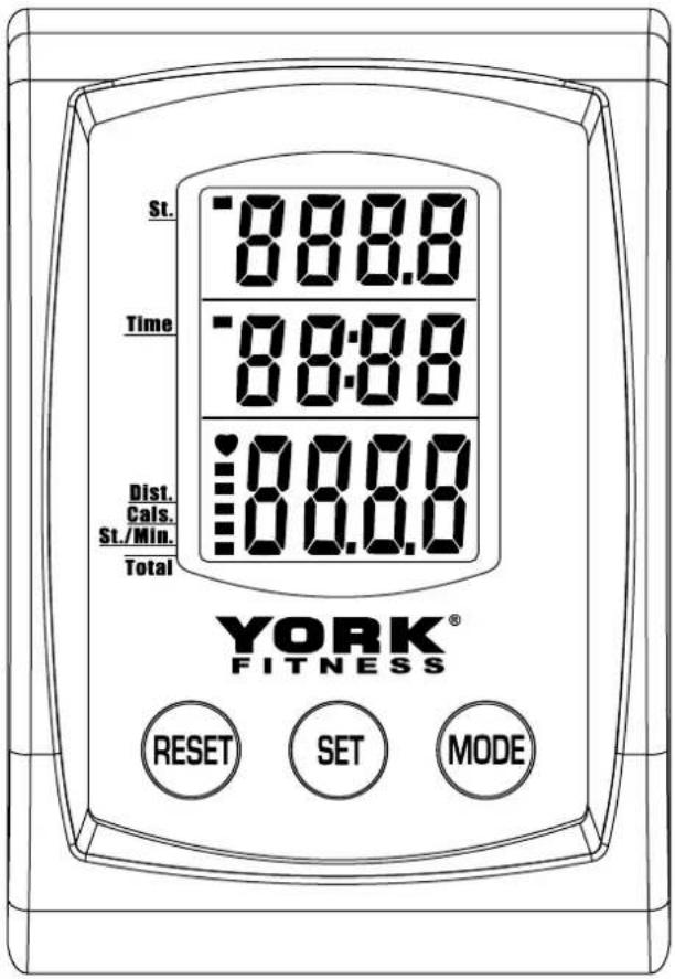 St. 8:00:0 Time 8:00:0 Dist. Cals. St./Min. Total 8:00:0 YORK® FITNESS RESET SET MODE