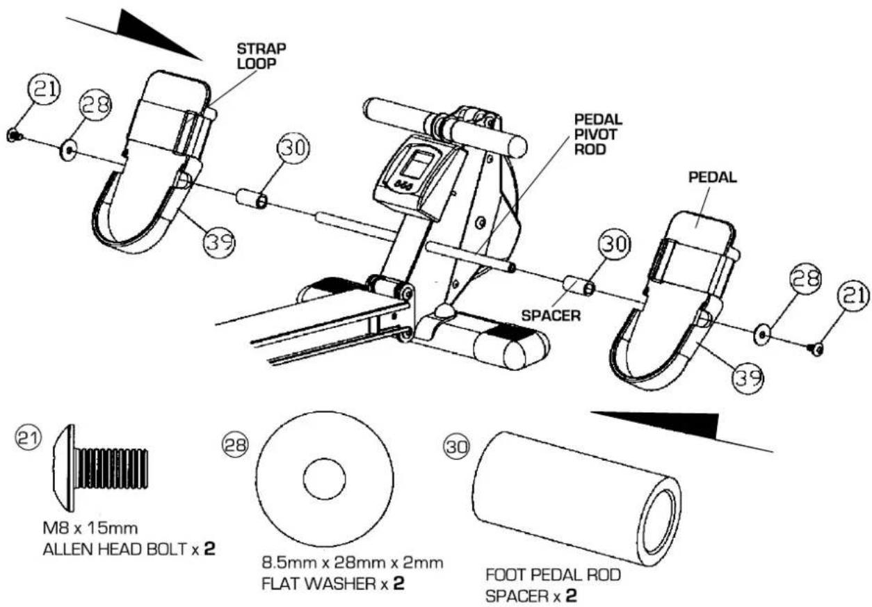STRAP LOOP PEDAL PIVOT ROD SPACER M8 x 15mm ALLEN HEAD BOLT x 2 8.5mm x 28mm x 2mm FLAT WASHER x 2 FOOT PEDAL ROD SPACER x 2