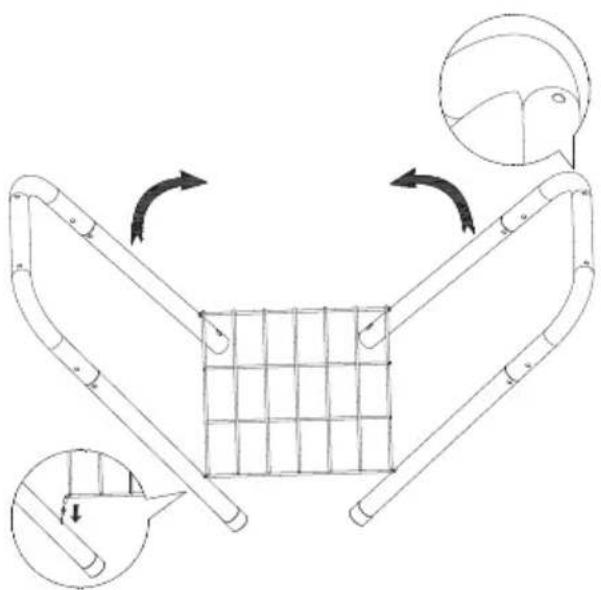 Diagram illustrating a mechanical or robotic device with labeled parts and directional arrows indicating motion or assembly.