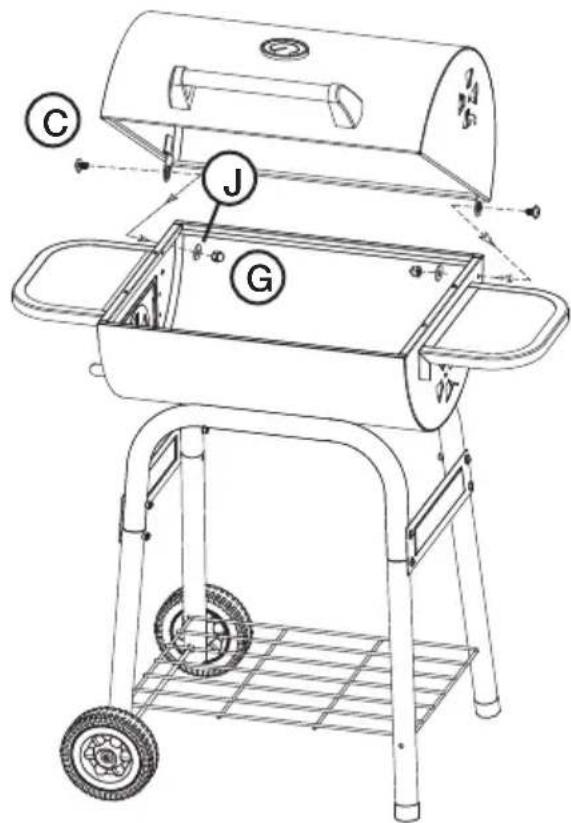 Technical diagram of a portable grill with labeled parts including tray, vent, and wheels