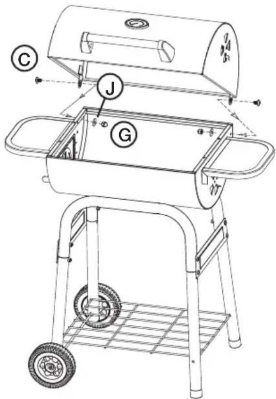 Technical diagram of a portable grill with labeled parts including tray, vent, and wheels
