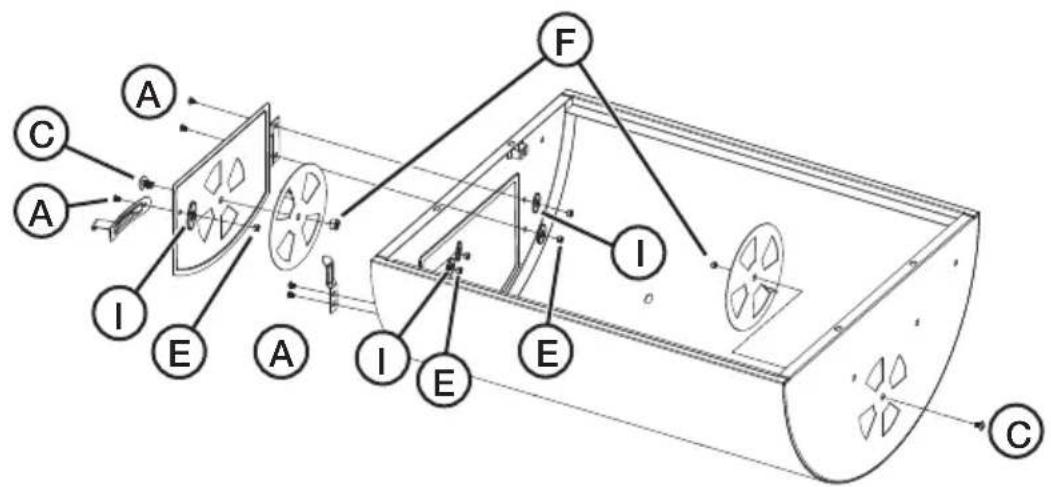 Technical diagram of a device with labeled components A, B, C, E and F, showing internal structure and assembly.