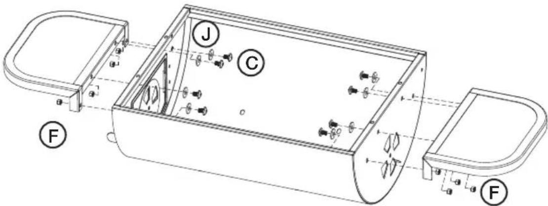 Technical diagram of a device casing with labeled components (F, C, J) and internal wiring or assembly details.
