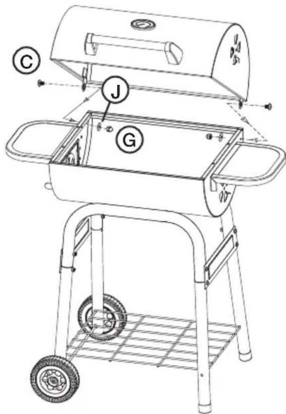 Technical diagram of a portable grill with labeled parts including tray, vent, and wheels