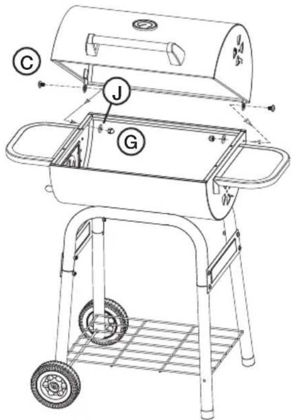 Technical diagram of a portable grill with labeled parts including tray, vent, and wheels