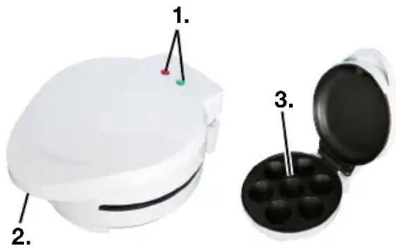 Diagram showing a white device with labeled parts and an open black tray containing multiple circular cavities, marked with numbered callouts.