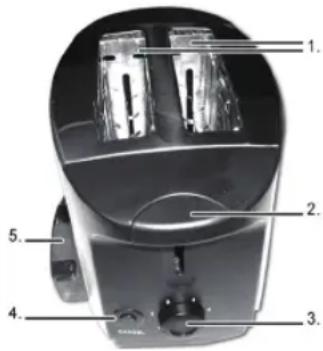 Labeled diagram of a toaster oven with numbered parts for identification