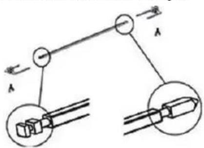 Diagram showing mechanical linkage or assembly with labeled components and directional arrows