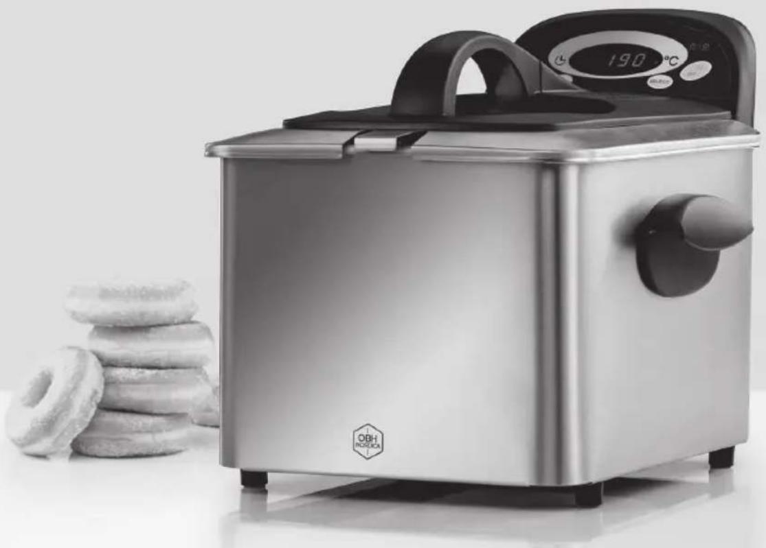 Modern stainless steel food processor with digital temperature display and stacked donuts in foreground (no text or symbols on main body)