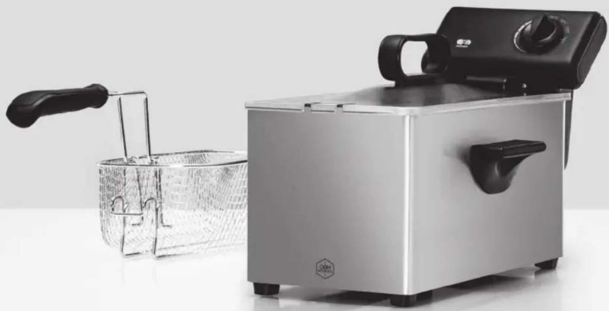 Exterior view of a modern electric food fryer with a mesh basket and handle (no text or symbols visible)