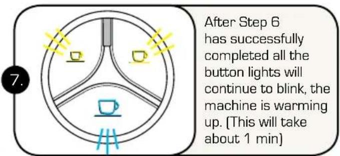 After Step 6 has successfully completed all the button lights will continue to blink, the machine is warming up. (This will take about 1 min)