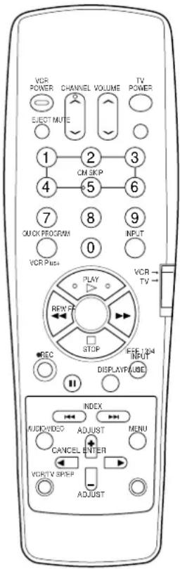 VOR POWER CHANNEL VOLUME TV ELECTRIVE POWER 1 2 3 4 CM SKIP 5 6 7 8 9 QUICK PROGRAM INPUT VCR Push 0 PLAY REW FZ STOP EEE 1204 INPUT REC DISPLAY/USE INDEX AUDIO VIDEO ADJUST MENU CANCEL ENTER VOR/TV SREEP ADJUST