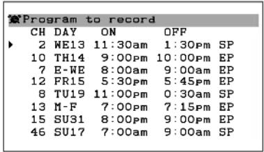 Program to record CH DAY ON OFF 2 WE13 11:30am 1:30pm SP 10 TH14 9:00pm 10:00pm EP 7 E-WE 8:00am 9:00am EP 12 FR15 5:30pm 5:45pm EP 8 TU19 11:00pm 0:30am SP 13 M-F 7:00pm 7:15pm EP 15 SU31 8:00pm 9:00pm EP 46 SU17 7:00am 9:00am SP