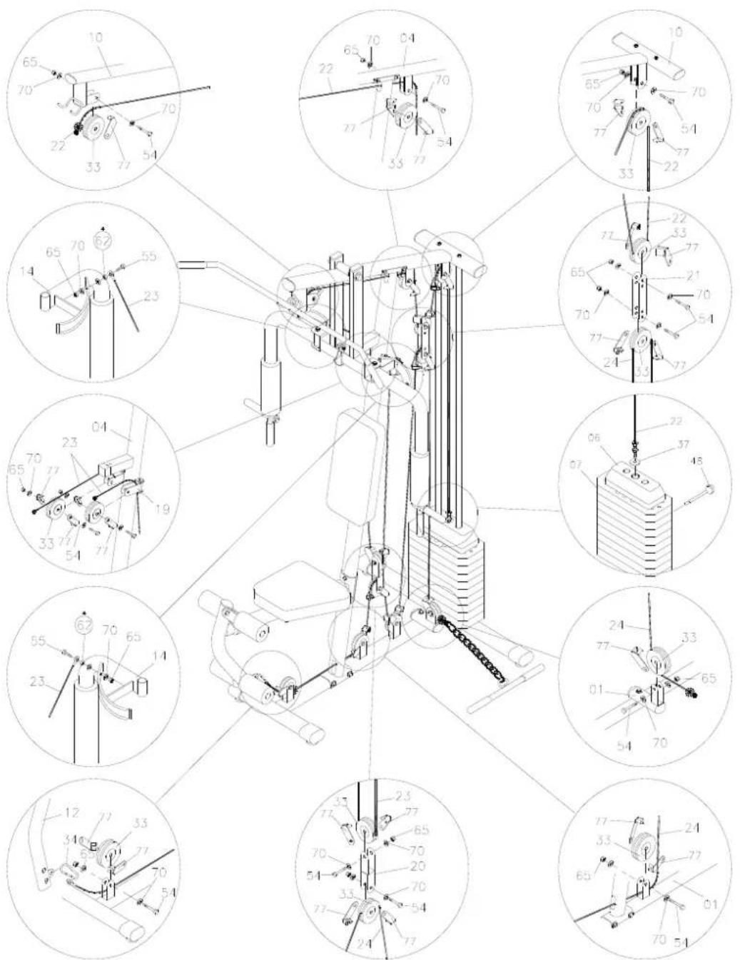 Technical diagram of a mechanical device with numbered components and detailed exploded views for assembly or maintenance.