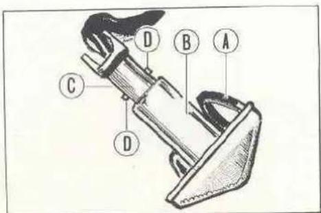 Labeled diagram of a mechanical device with components A, B, C, D marked for identification.