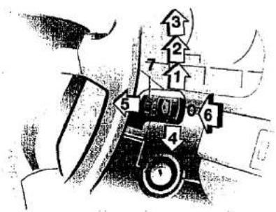 Diagram of a car's seatbelt mechanism with numbered parts and directional arrows indicating movement or positioning.