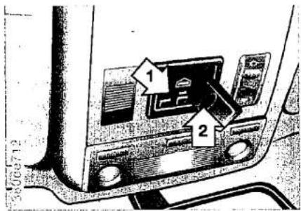 Diagram of a car front panel with labeled buttons and indicators, showing component labels 1 and 2.