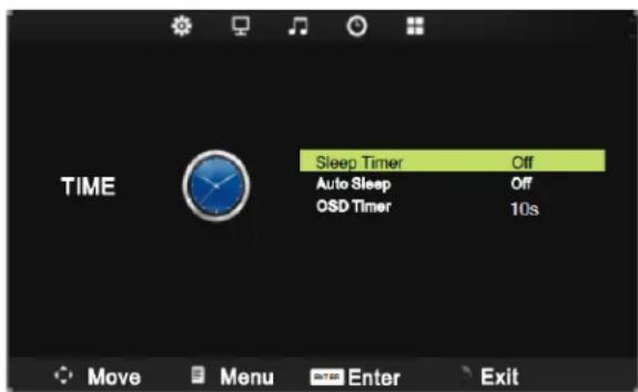 TIME Sleep Timer Off Auto Sleep Off OSD Timer 10s Move Menu Enter Exit